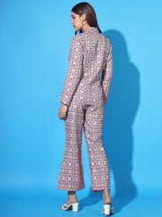 Women's Co-ord Cotton Blend Printed Long Sleeve Blazer Top and Full Length Pant Western Dress