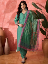 Women Floral Embroidered Straight Kurta with Trousers & Dupatta