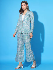 Women's Co-ord Cotton Blend Printed Long Sleeve Blazer Top and Full Length Pant Western Dress