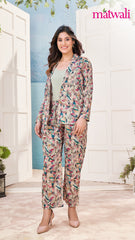 Women's Co-ord Cotton Blend Printed Long Sleeve Blazer Top and Full Length Pant Western Dress