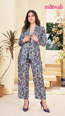 Women's Co-ord Cotton Blend Printed Long Sleeve Blazer Top and Full Length Pant Western Dress