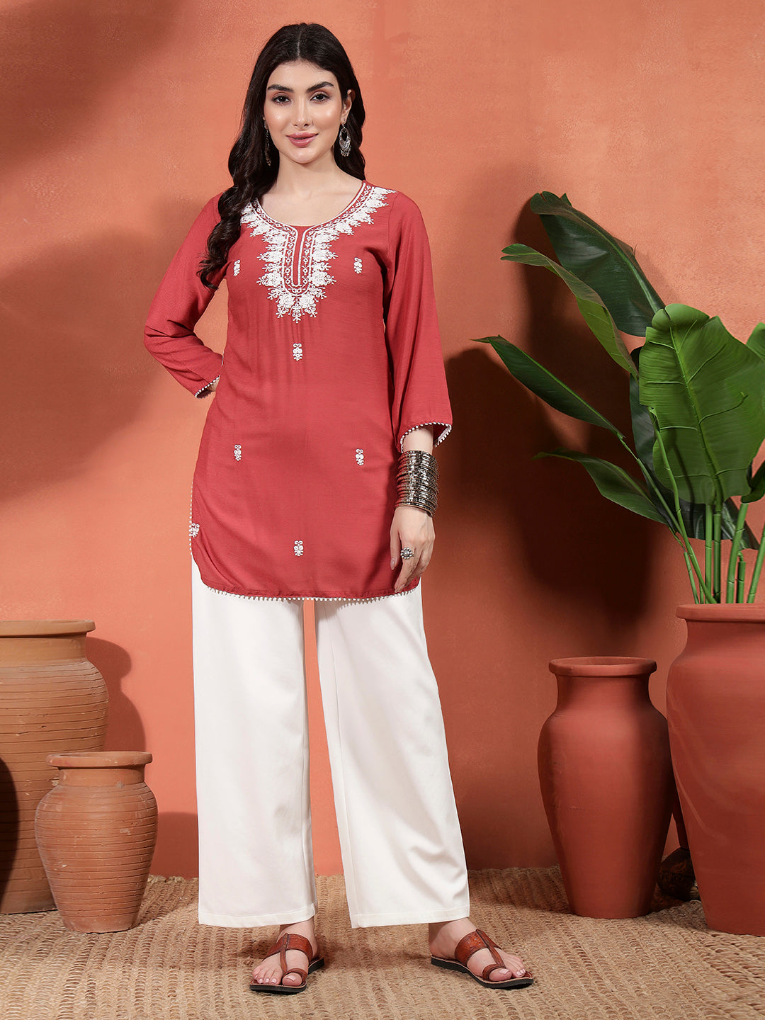 Women Embroidered Straight Short Kurti