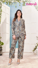 Women's Co-ord Cotton Blend Printed Long Sleeve Blazer Top and Full Length Pant Western Dress