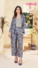 Women's Co-ord Cotton Blend Printed Long Sleeve Blazer Top and Full Length Pant Western Dress