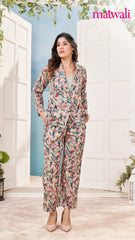 Women's Co-ord Cotton Blend Printed Long Sleeve Blazer Top and Full Length Pant Western Dress