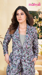 Women's Co-ord Cotton Blend Printed Long Sleeve Blazer Top and Full Length Pant Western Dress