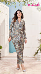 Women's Co-ord Cotton Blend Printed Long Sleeve Blazer Top and Full Length Pant Western Dress