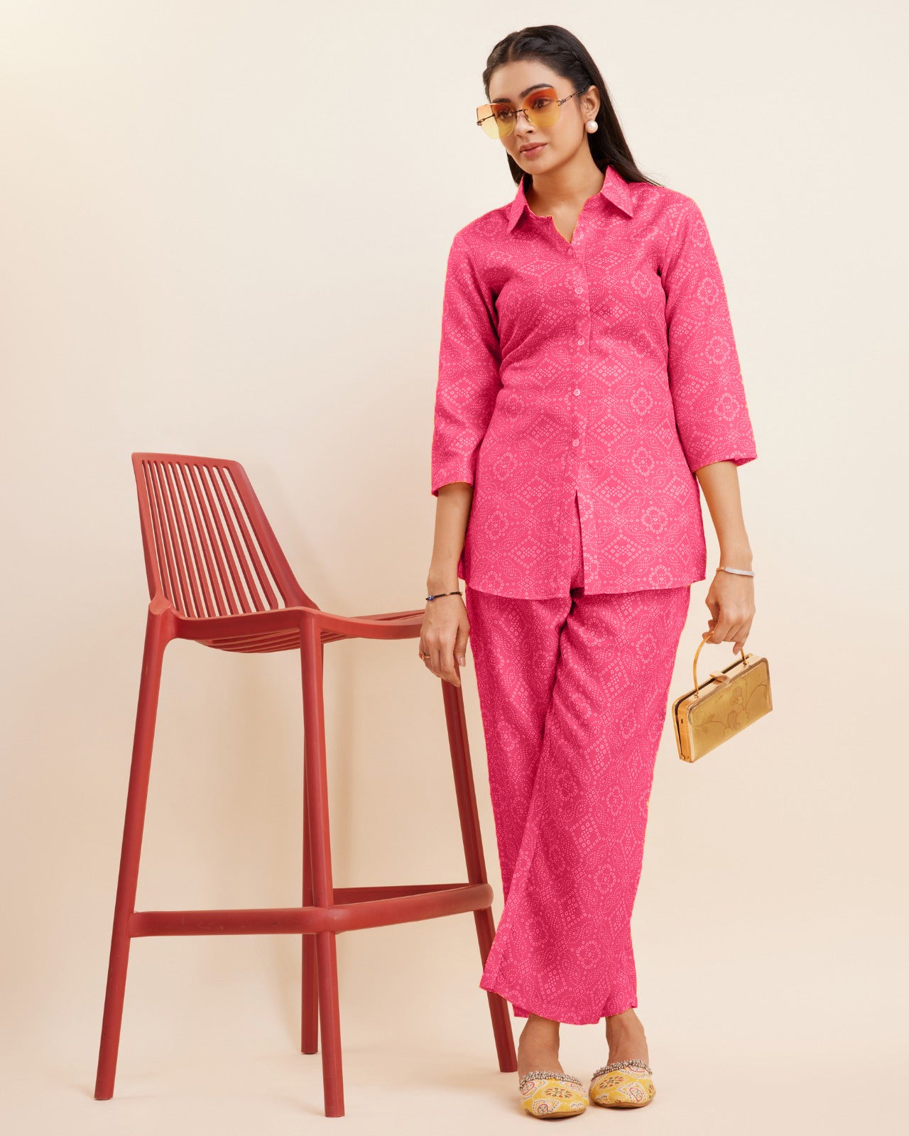 Bandhani Printed Cotton Kurti and Pant Co-ord Set