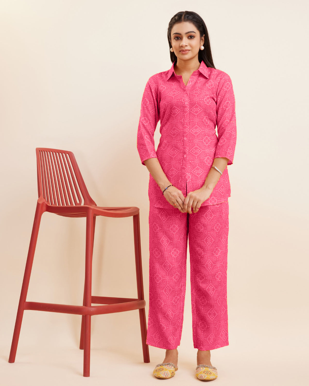 Bandhani Printed Cotton Kurti and Pant Co-ord Set