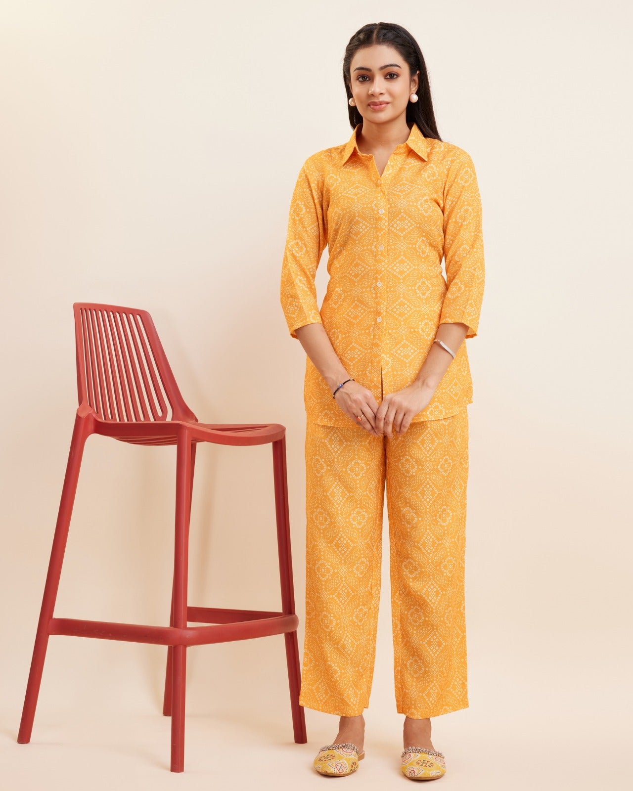 Bandhani Printed Cotton Kurti and Pant Co-ord Set