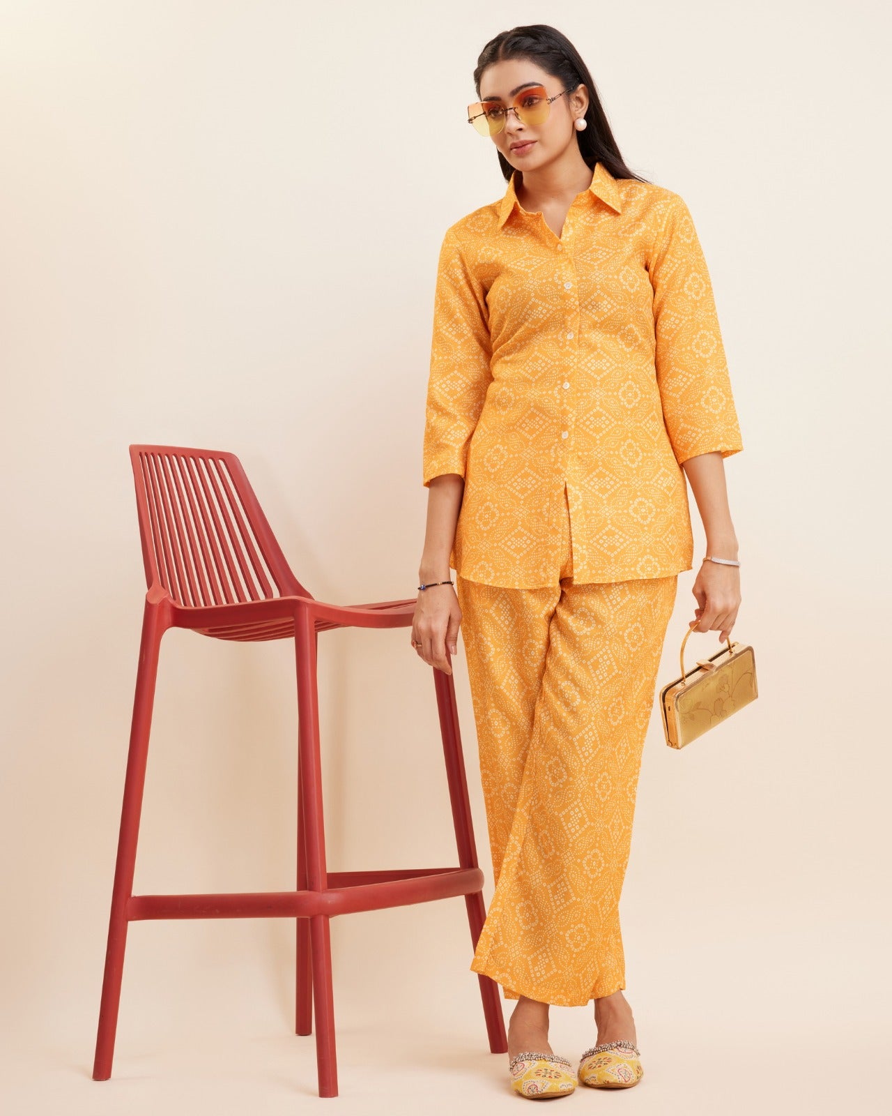 Bandhani Printed Cotton Kurti and Pant Co-ord Set