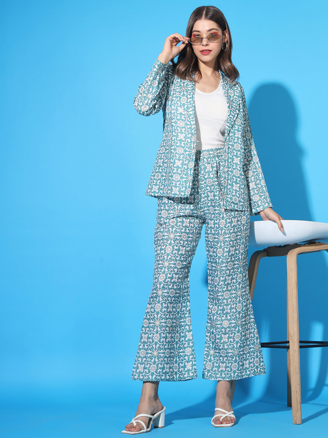 Women's Co-ord Cotton Blend Printed Long Sleeve Blazer Top and Full Length Pant Western Dress