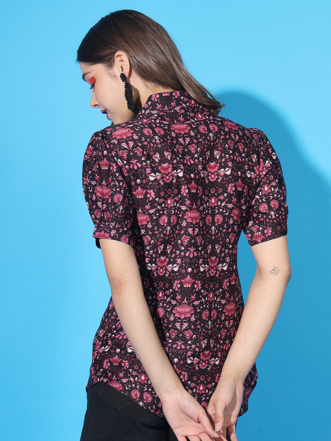 Floral Print Casual Black Shirt