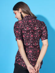 Women's V-Collar Floral Print Shirt with Short Sleeves