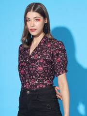 Women's V-Collar Floral Print Shirt with Short Sleeves