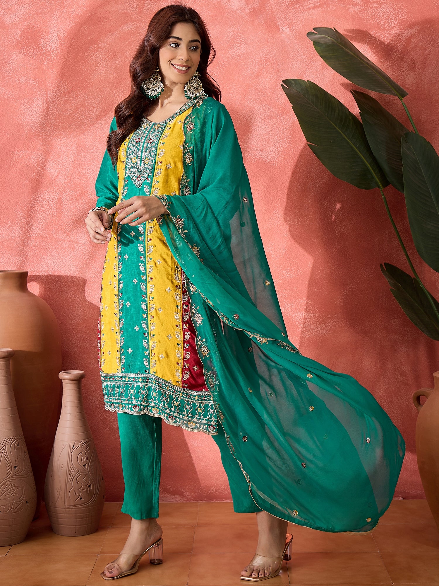 Women Women Ethnic Motifs Embroidered Straight Panelled Kurta with Trousers & Dupatta