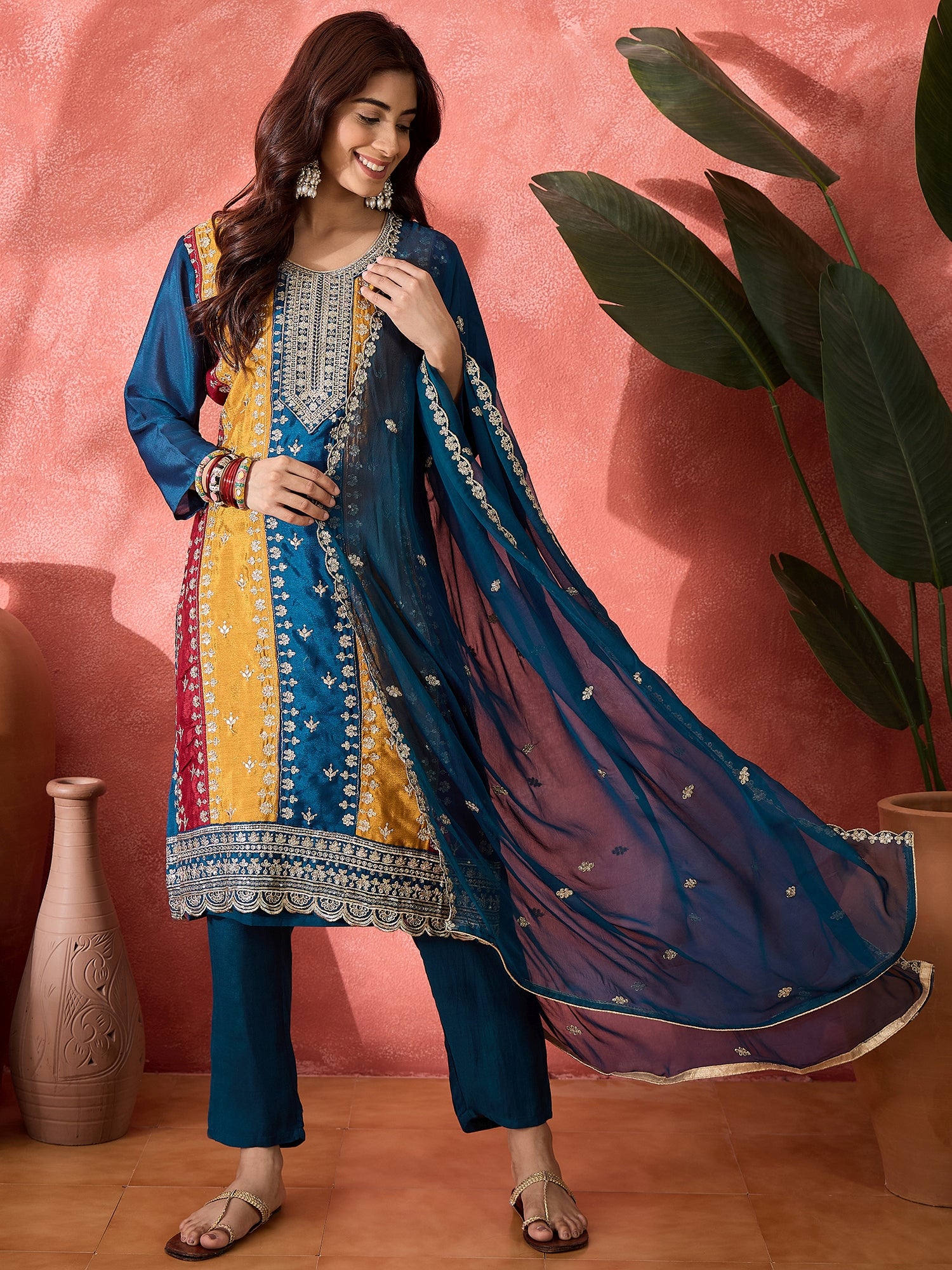 Women Women Ethnic Motifs Embroidered Straight Panelled Kurta with Trousers & Dupatta
