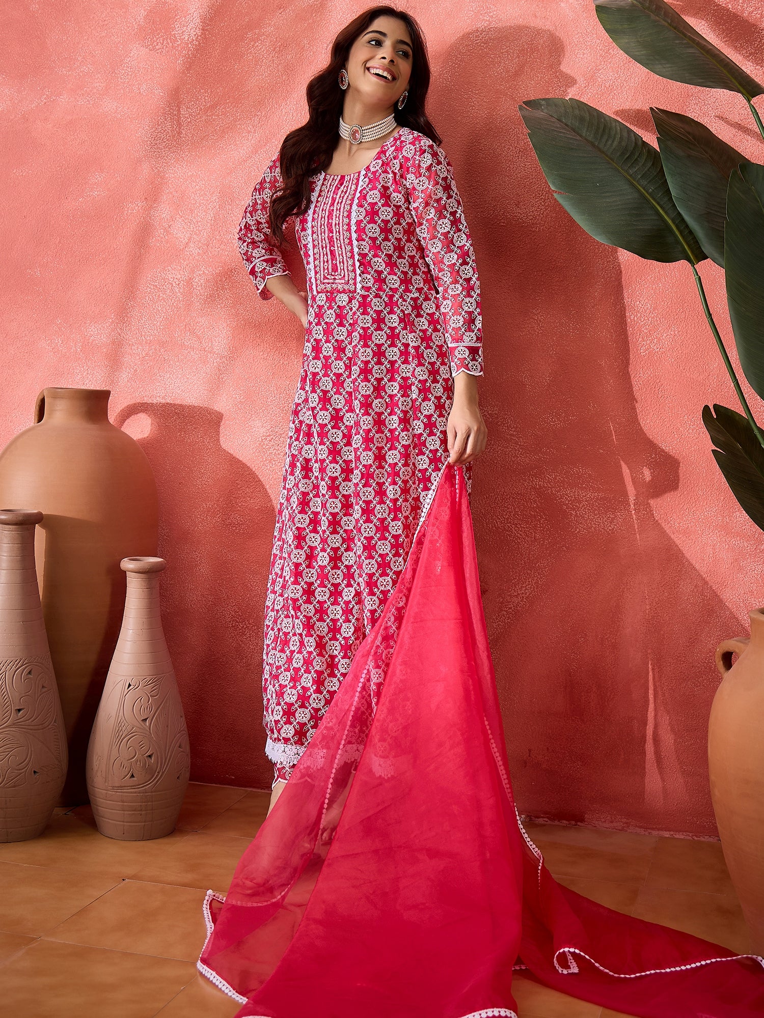 Women Floral Printed Empire Sequinned Georgette Anarkali Kurta With Trouser & Dupatta
