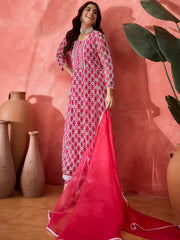 Women Floral Printed Empire Sequinned Georgette Anarkali Kurta With Trouser & Dupatta