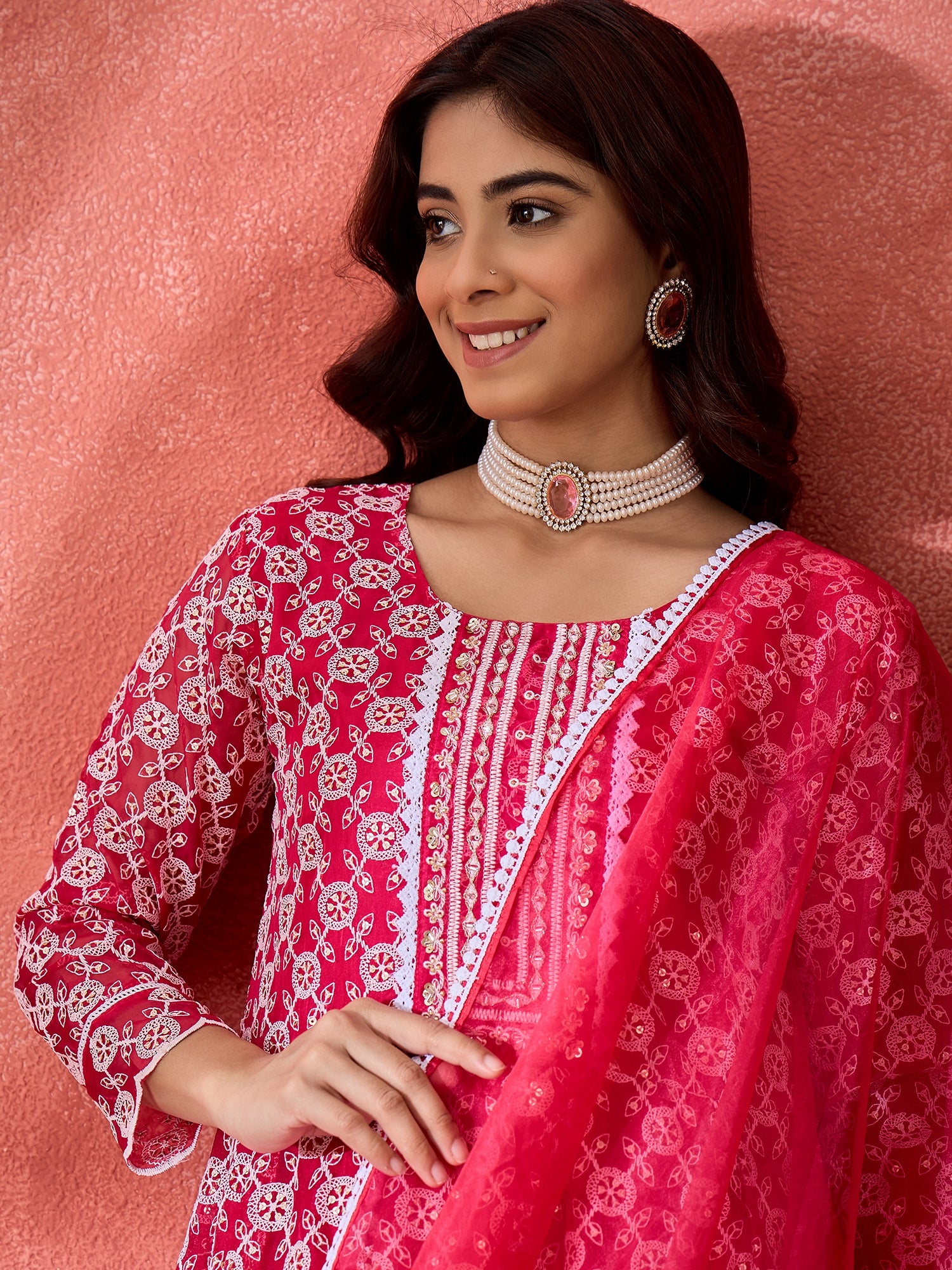 Women Floral Printed Empire Sequinned Georgette Anarkali Kurta With Trouser & Dupatta