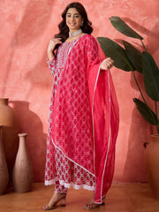 Women Floral Printed Empire Sequinned Georgette Anarkali Kurta With Trouser & Dupatta