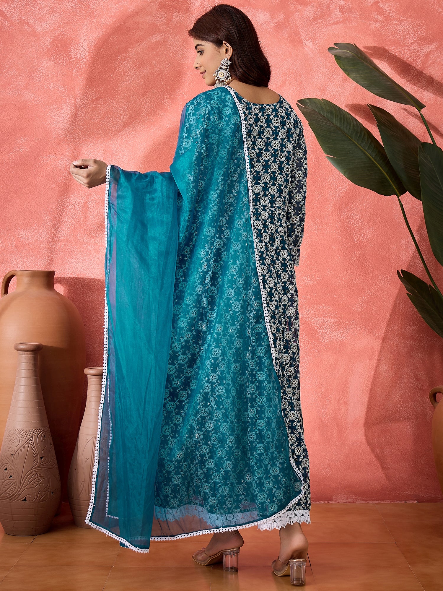 Women Floral Printed Empire Sequinned Georgette Anarkali Kurta With Trouser & Dupatta