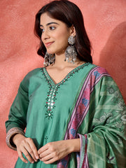 Women Floral Embroidered Straight Kurta with Trousers & Dupatta