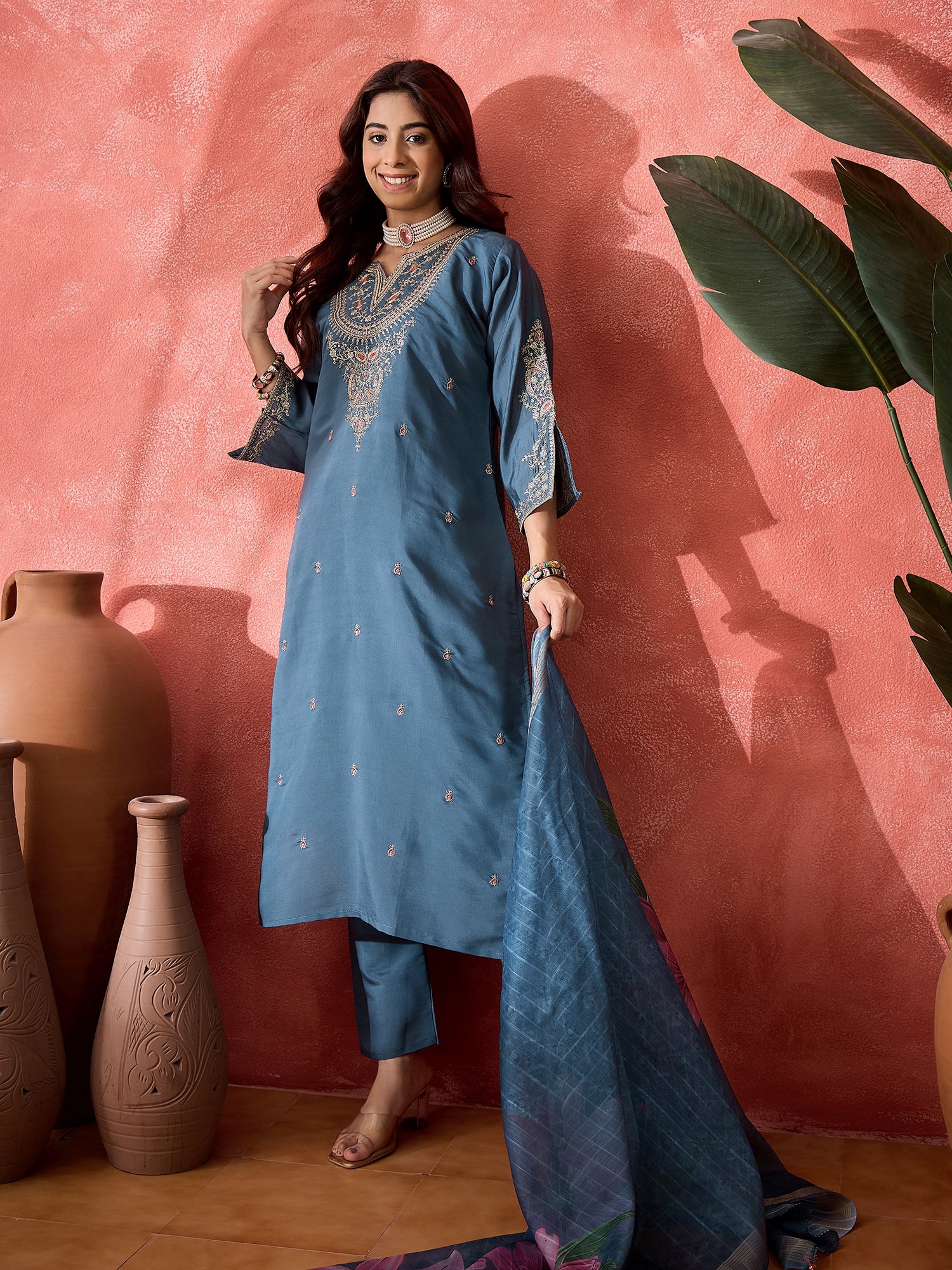 Women Floral Embroidered Straight Kurta with Trousers & Dupatta