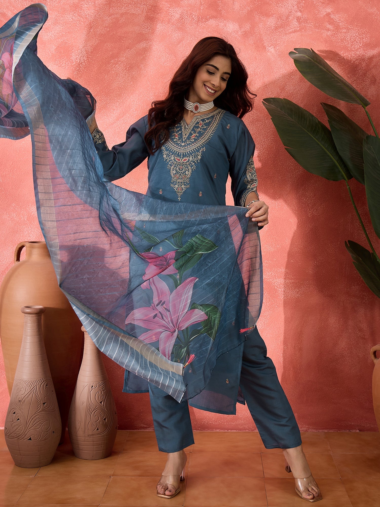Women Floral Embroidered Straight Kurta with Trousers & Dupatta