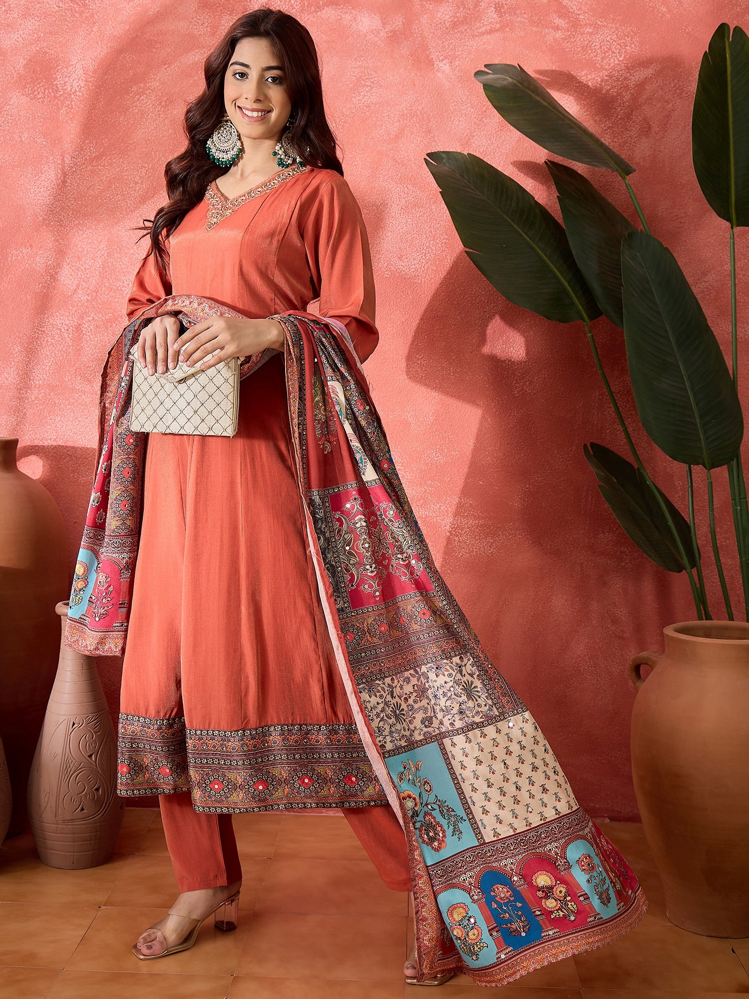 Women Floral Embroidered Straight Kurta with Trousers & Dupatta
